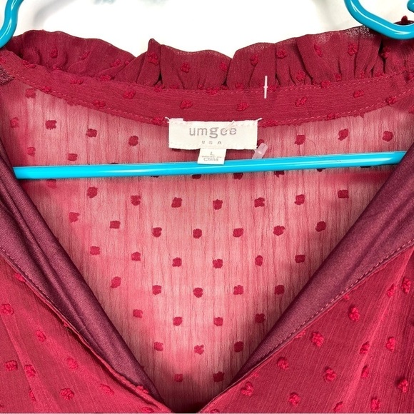 Umgee Swiss Dot Red Burgundy Boho Long Sleeve Tunic Dress Size Large - Picture 6 of 12